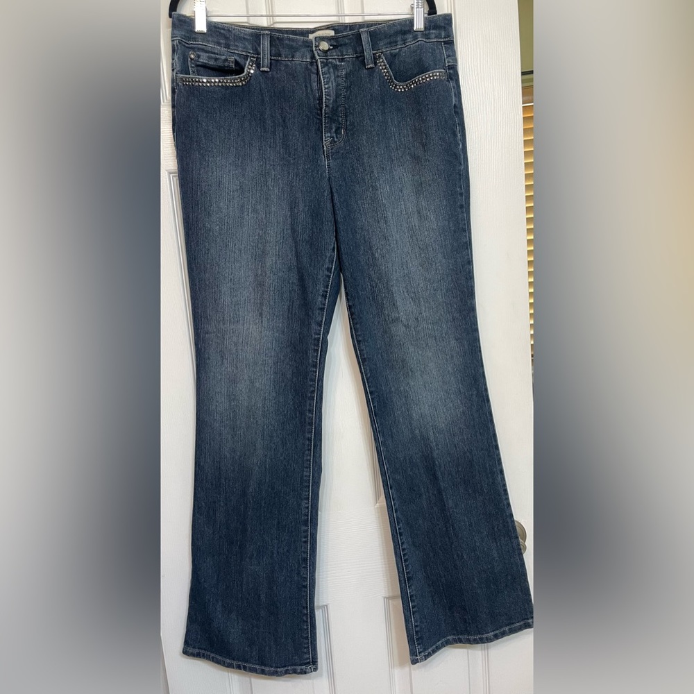 Madison mid-rise bootcut medium-wash jeans with rhinestone bling, 12